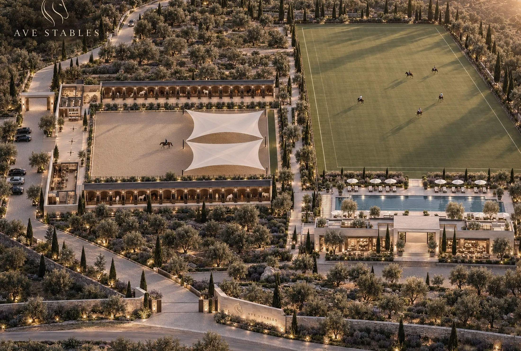 Aerial render of the AVE STABLES masterplan: arena, stable blocks, polo field, wellness club and pool