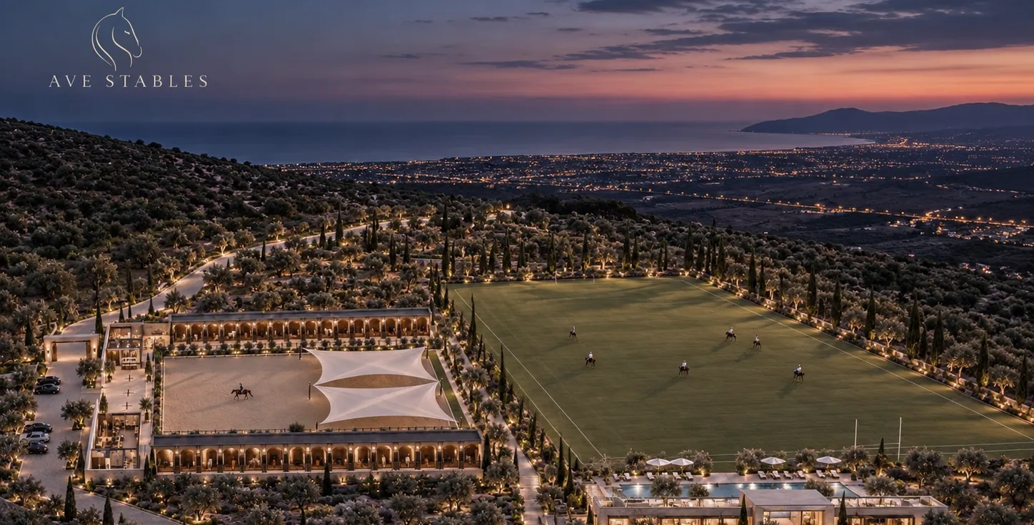 AVE STABLES at dusk above the Cyprus coast — aerial render