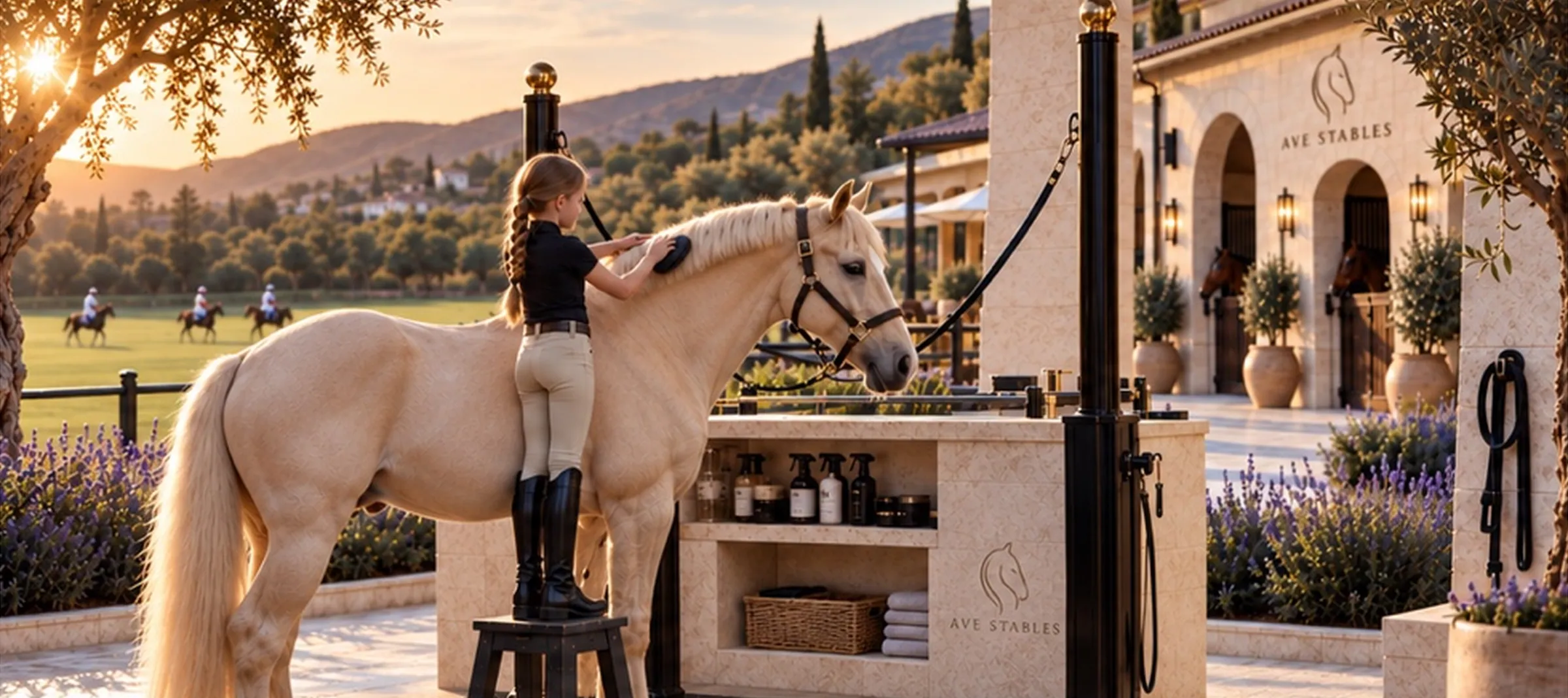 Young rider grooming a palomino pony in the AVE STABLES yard, polo field behind