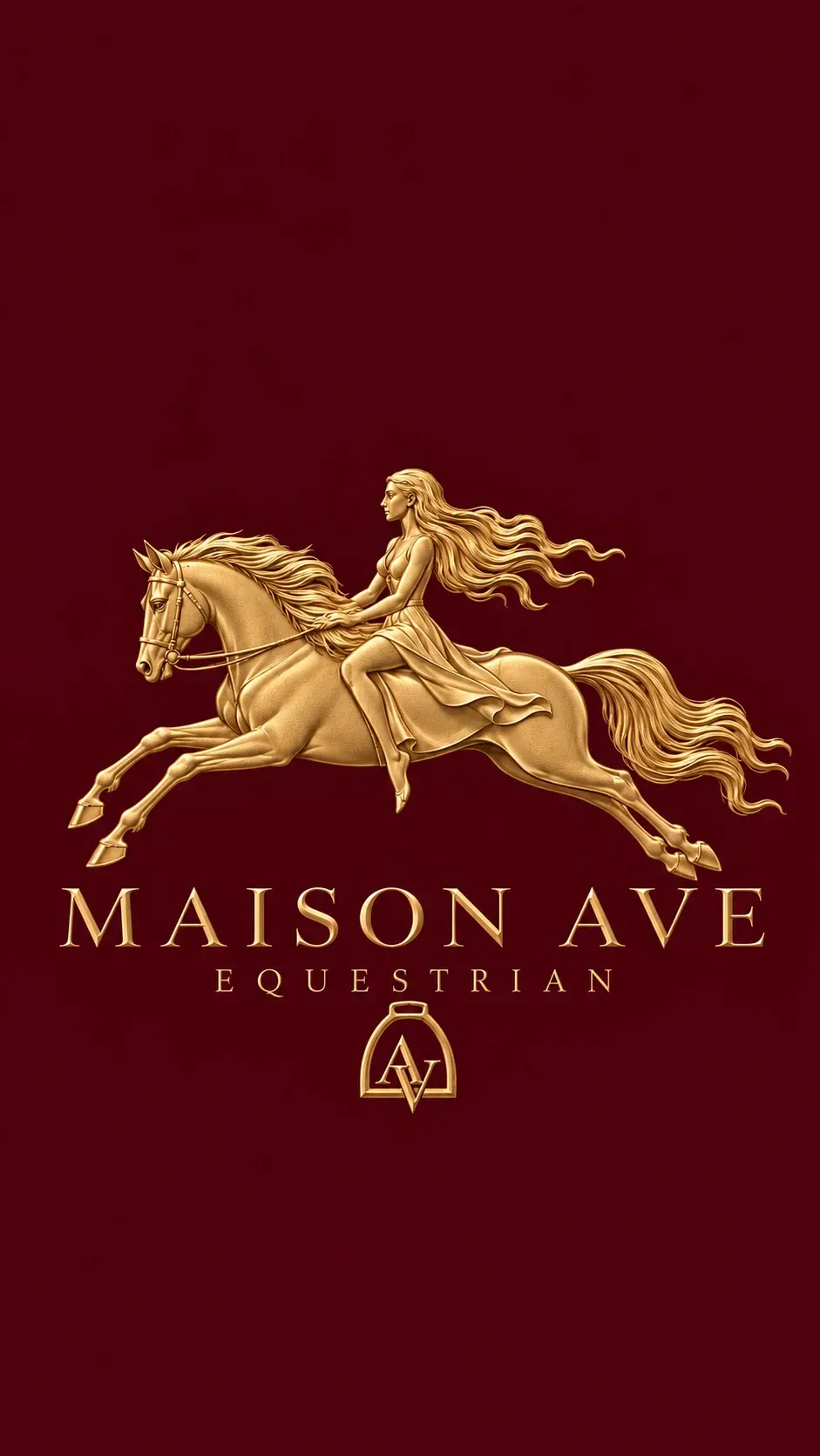 Maison Ave Equestrian logo in gold on burgundy
