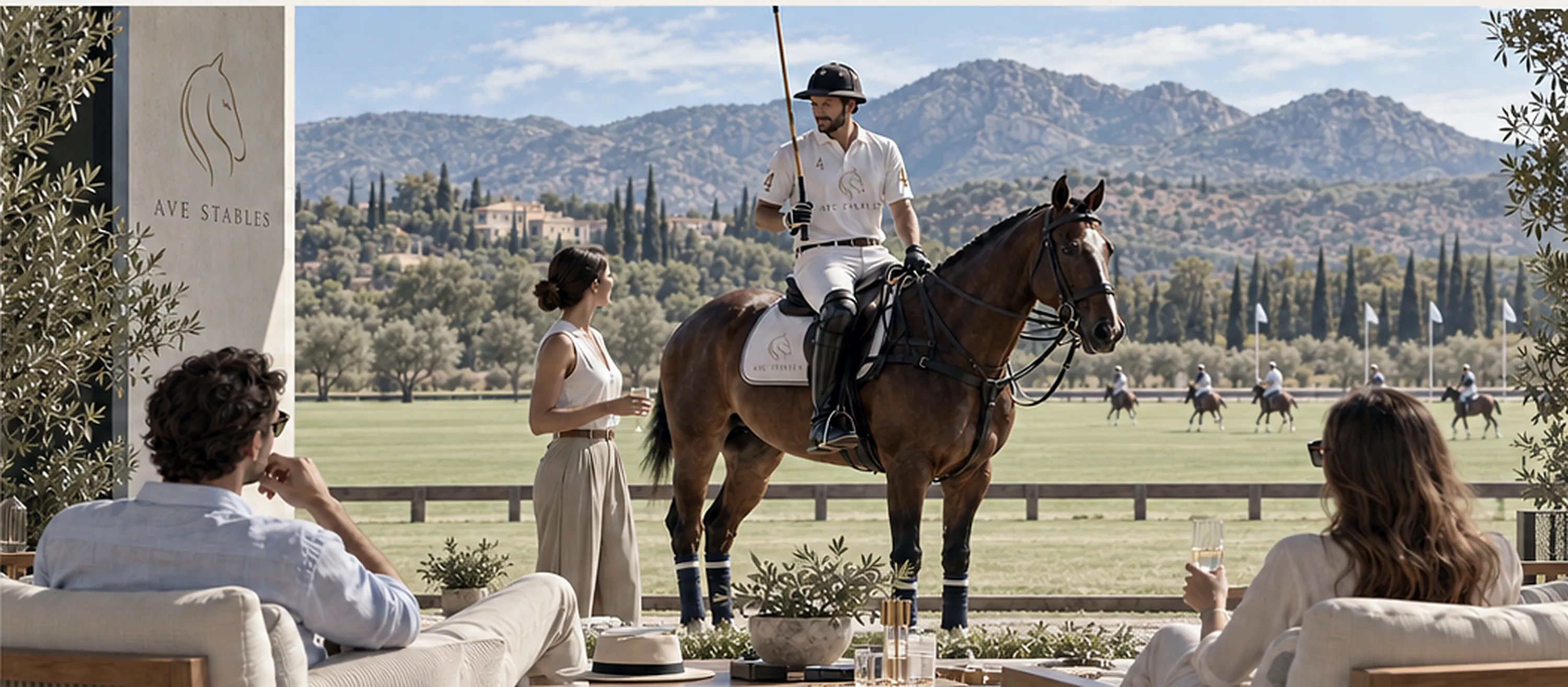 Polo player on horseback at the AVE STABLES lounge
