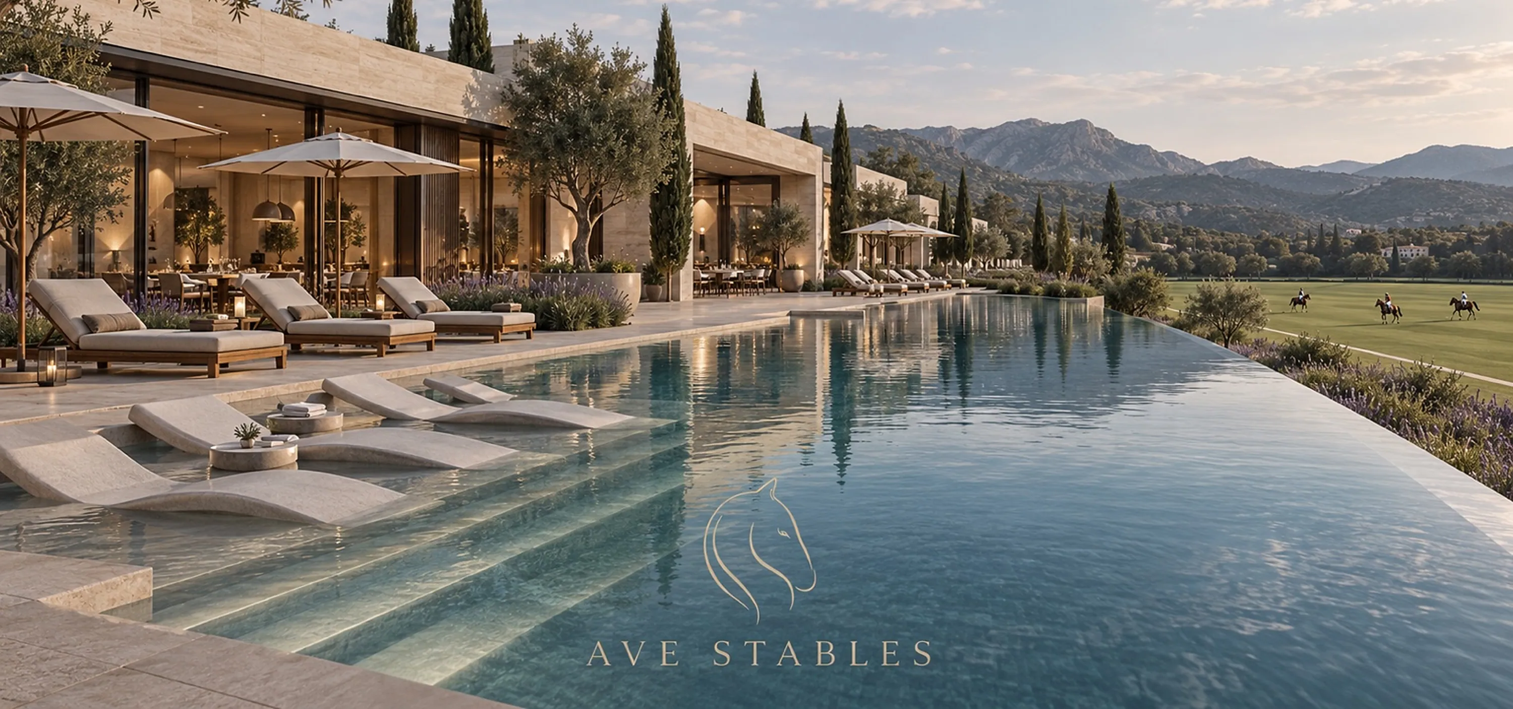 Infinity pool of the AVE STABLES wellness club next to the polo field