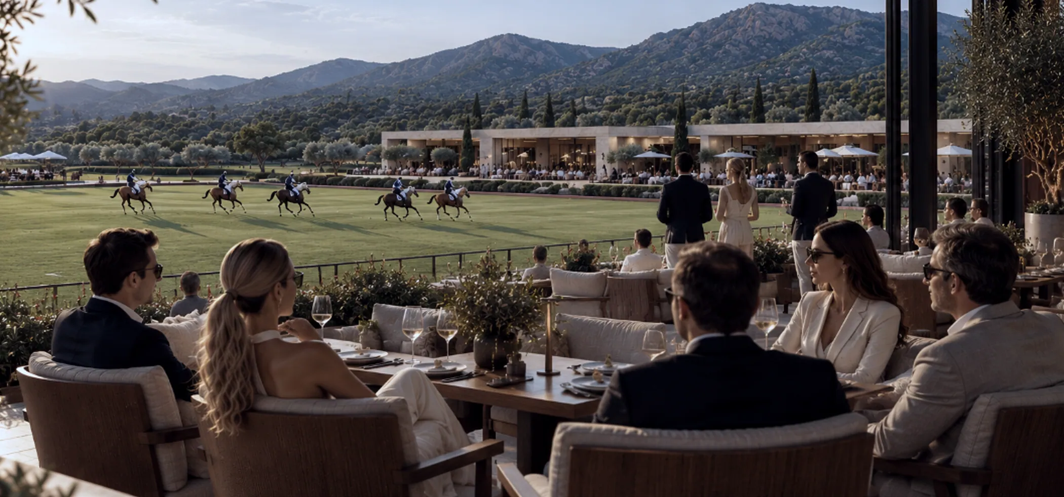 Clubhouse terrace overlooking a polo match at AVE STABLES